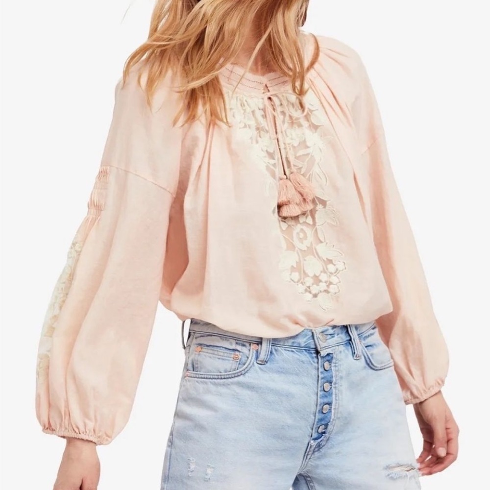 Free People Pale Peach Embroidered Lightweight Cotton Peasant Blouse - Picture 5 of 16